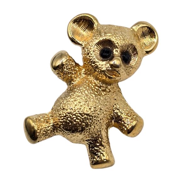 Cute Monet Bear Brooch Pin Minimalist Black Rhinestones Shiny Gold Tone Vintage - Picture 1 of 4